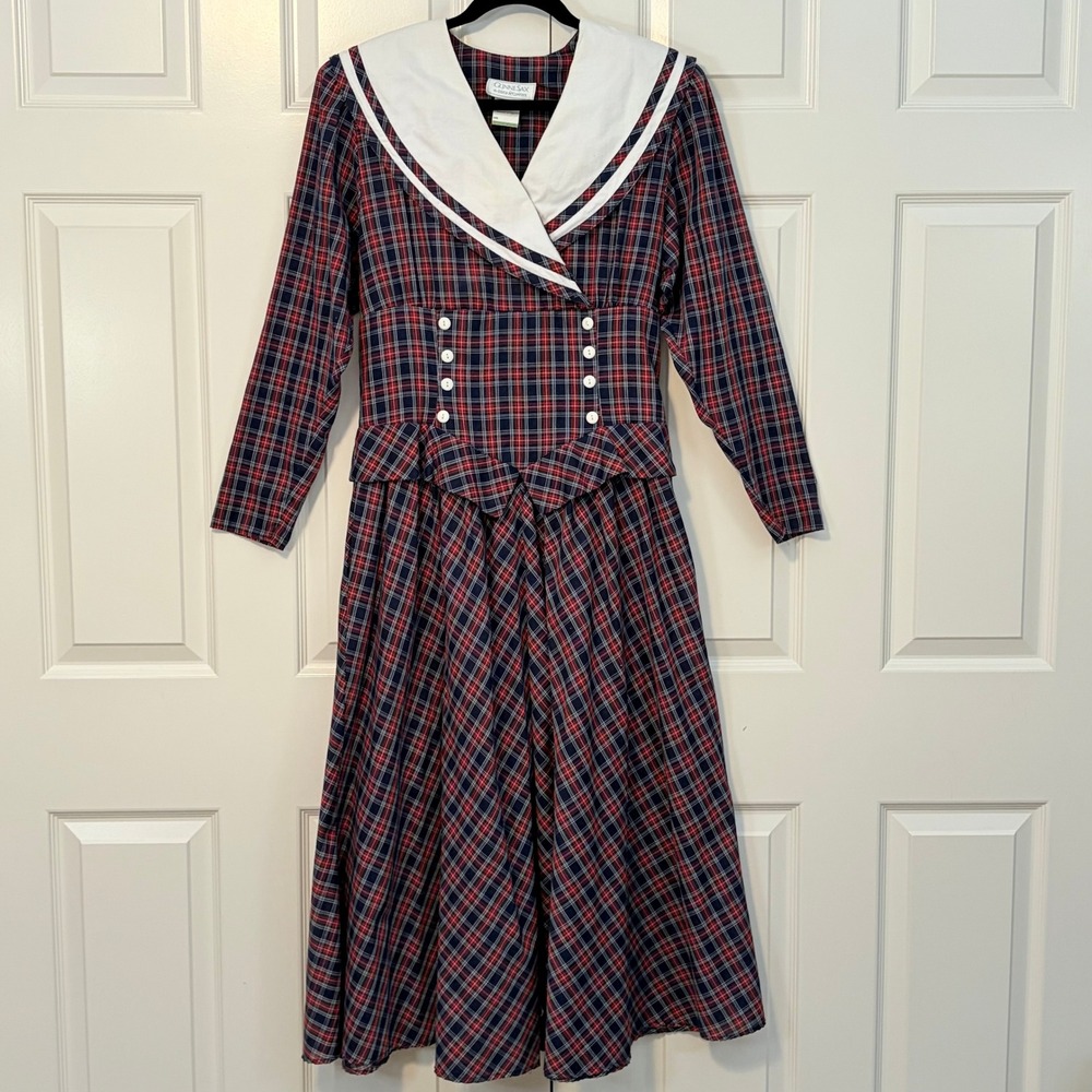 Gunne Sax Jessica McClintock Vintage 80s Red Blue Plaid Sailor Collar Midi Dress